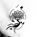 delicate line style tattoo incorporating a dragon, an oak tree, a lotus flower and the ocean tattoo design idea