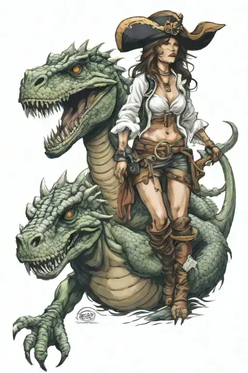 trex, woman pirate, dragon  tattoo design idea