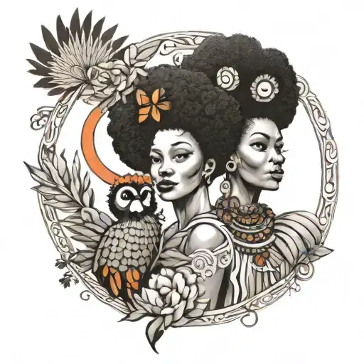 mother and daughter with afro ho oh tattoo design idea