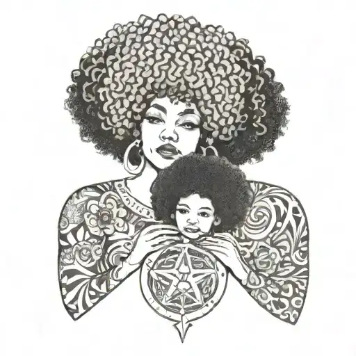 mother and daughter with afro holding tattoo design idea