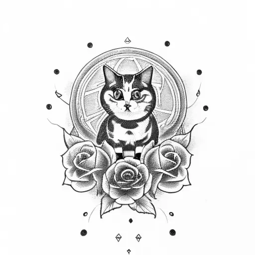 A cat sitting on a skulls and roses with a dragonfly tattoo design idea