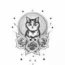 A cat sitting on a skulls and roses with a dragonfly tattoo design idea