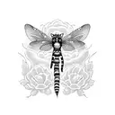 A cat sitting on a skulls and roses with a dragonfly tattoo design idea