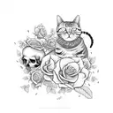 A cat sitting on a skulls and roses with a dragonfly tattoo design idea