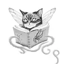 A black cat sitting on a stack of books with a dragonfly perched on its tail tattoo design idea