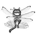 A black cat sitting on a stack of books with a dragonfly perched on its tail tattoo design idea