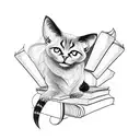 A black cat sitting on a stack of books with a dragonfly perched on its tail tattoo design idea