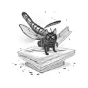 A black cat sitting on a stack of books with a dragonfly perched on its tail tattoo design idea