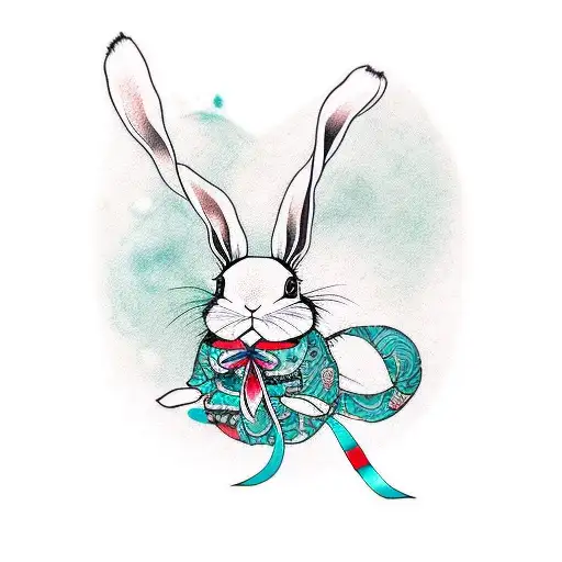bunny with teal cancer ribbon tattoo design idea