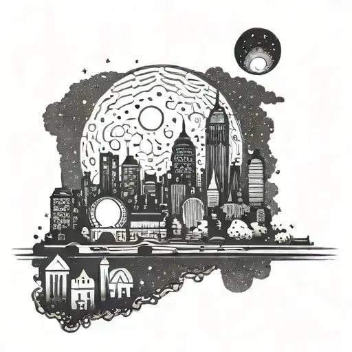 A silhouette of a city skyline with a moon and stars in the background, representing late night talks and the beauty of urban landscapes tattoo design idea