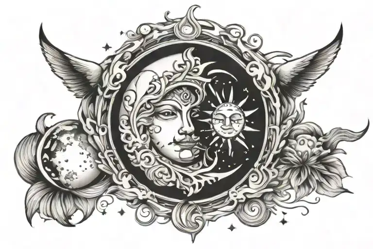wide sun and moon   tattoo design idea