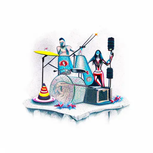 A rock concert scene with a circus twist tattoo design idea