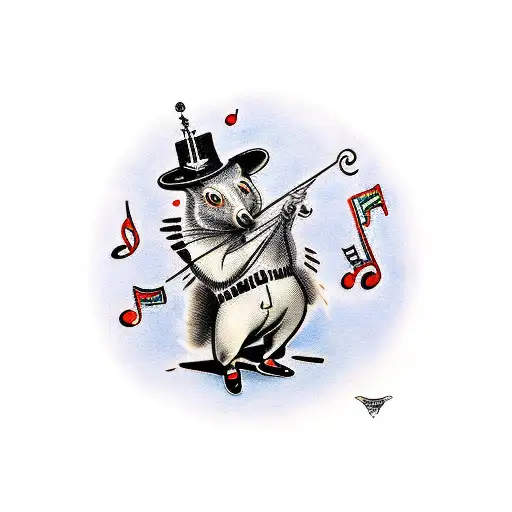 A traditional tattoo design of a possum dressed as a conductor leading a group of crows playing different musical instruments, with a humorous saying tattoo design idea