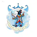 A traditional tattoo design of a possum dressed as a conductor leading a group of crows playing different musical instruments, with a humorous saying tattoo design idea