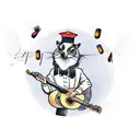 A traditional tattoo design of a possum dressed as a conductor leading a group of crows playing different musical instruments, with a humorous saying tattoo design idea