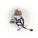 A traditional tattoo design of a possum dressed as a conductor leading a group of crows playing different musical instruments, with a humorous saying tattoo design idea