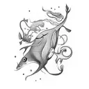 A surreal party scene with underwater creatures dancing and celebrating tattoo design idea