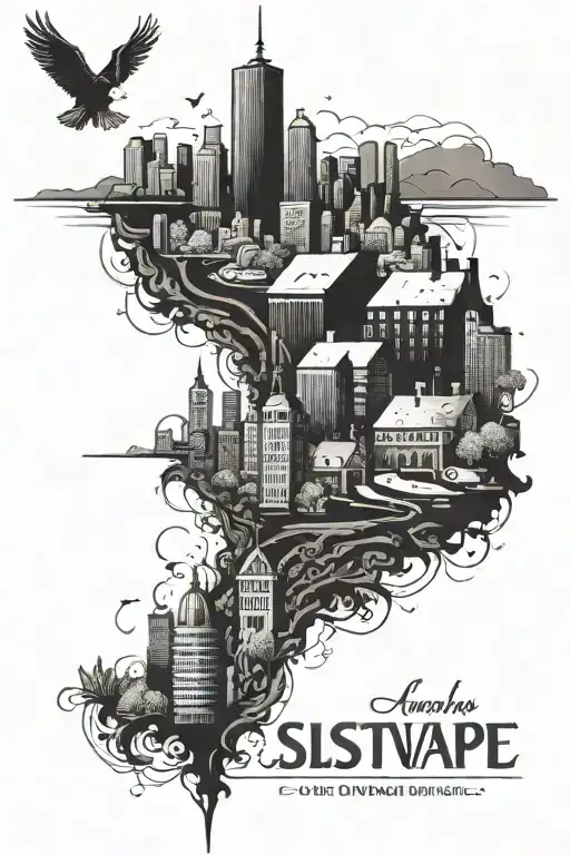A detailed cityscape tattoo of your hometown skyline, incorporating elements that represent your love for your family and the pain you've overcome in your life tattoo design idea