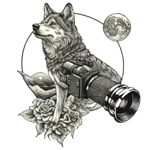 A wolf howling at the moon with a camera lens as its eye, combining a love for animals and photography tattoo design idea