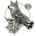 A wolf howling at the moon with a camera lens as its eye, combining a love for animals and photography tattoo design idea