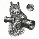 A wolf howling at the moon with a camera lens as its eye, combining a love for animals and photography tattoo design idea
