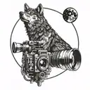 A wolf howling at the moon with a camera lens as its eye, combining a love for animals and photography tattoo design idea