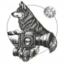A wolf howling at the moon with a camera lens as its eye, combining a love for animals and photography tattoo design idea