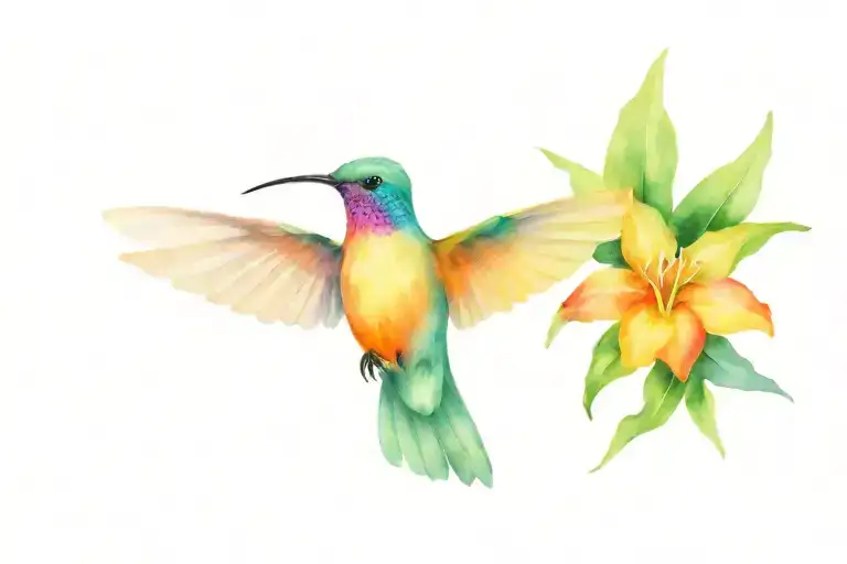 colibri with tropical flowers tattoo design idea