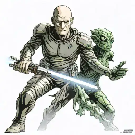 captain Jean-Luc picard un an sh-1 uniform & a lightsaber fighting an alien queen form aliens  tattoo design idea