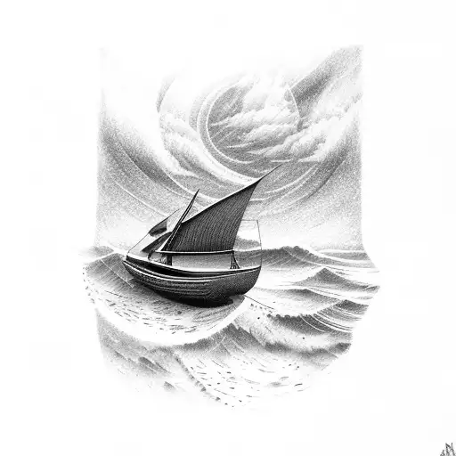 boat in storm with orcas tattoo design idea