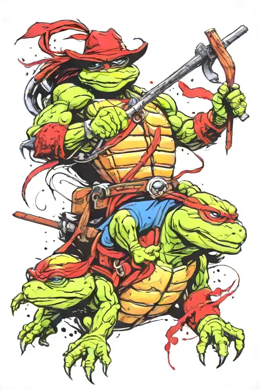 ninja turtles cowboy native american sleeve shoulder chest tattoo design idea