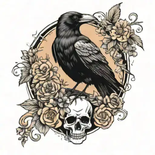 crow standing on a skull surrounded by mushrooms and pastel flowers tattoo design idea