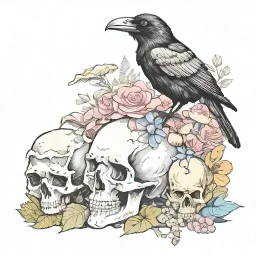 crow standing on a skull surrounded by mushrooms and pastel flowers tattoo design idea