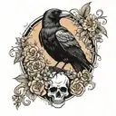 crow standing on a skull surrounded by mushrooms and pastel flowers tattoo design idea