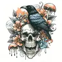 crow standing on a skull surrounded by mushrooms and pastel flowers tattoo design idea