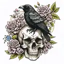 crow standing on a skull surrounded by mushrooms and pastel flowers tattoo design idea
