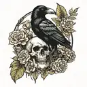 crow standing on a skull surrounded by mushrooms and pastel flowers tattoo design idea