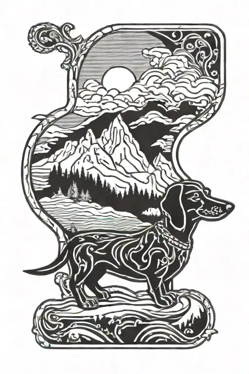 Wiener dog and alps window scene tattoo design idea