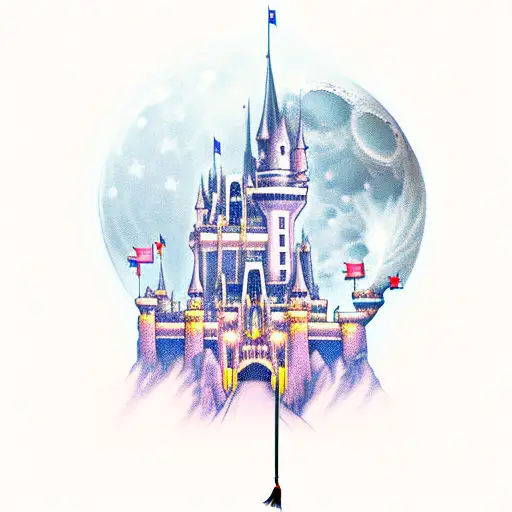 Moonlit castle with flying broomsticks tattoo design idea