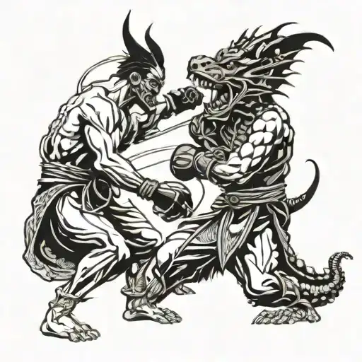 A ronin boxer facing off against a dragon in a blackwork style tattoo design idea