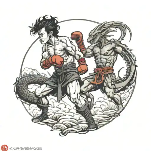 A ronin boxer facing off against a dragon in a blackwork style tattoo design idea