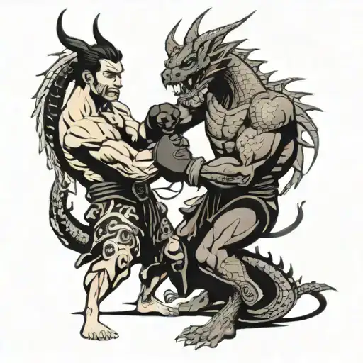 A ronin boxer facing off against a dragon in a blackwork style tattoo design idea