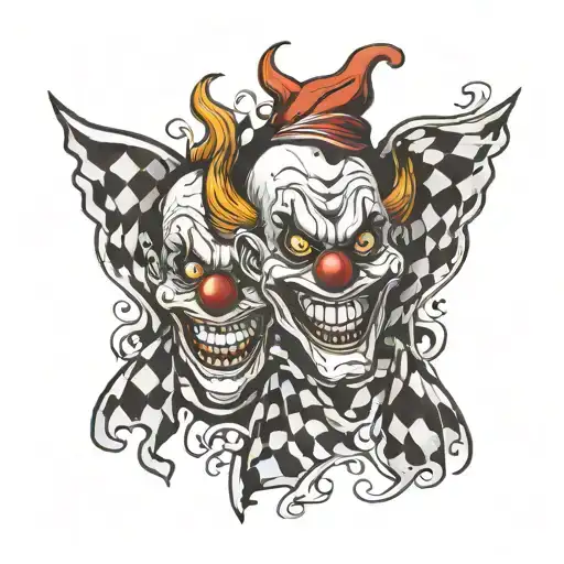 evil clown faces with checkered flags and wings tattoo design idea