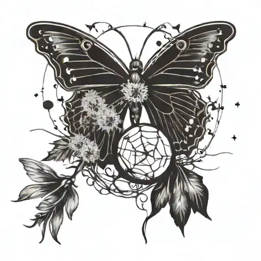 A dandelion with moon, butterfly and star and dandelion seeds floting tattoo design idea