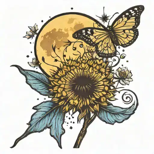 A dandelion with moon, butterfly and star and dan seagrave gustave tattoo design idea