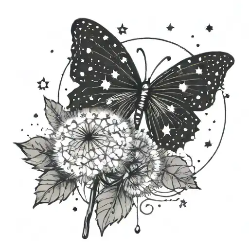 A dandelion with floating seeds, a crescent moon above, a butterfly near the dandelion, and scattered stars around it tattoo design idea