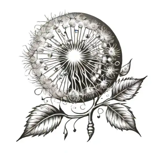 A dandelion with its stem and leaves at the base, with some of its seeds floating upwards and away. - A crescent moon  tattoo design idea