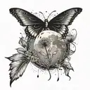 A dandelion with moon, butterfly and star and dandelion seeds floting tattoo design idea