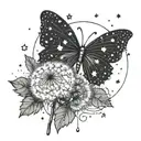A dandelion with floating seeds, a crescent moon above, a butterfly near the dandelion, and scattered stars around it tattoo design idea