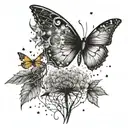 A dandelion with floating seeds, a crescent moon above, a butterfly near the dandelion, and scattered stars around it tattoo design idea